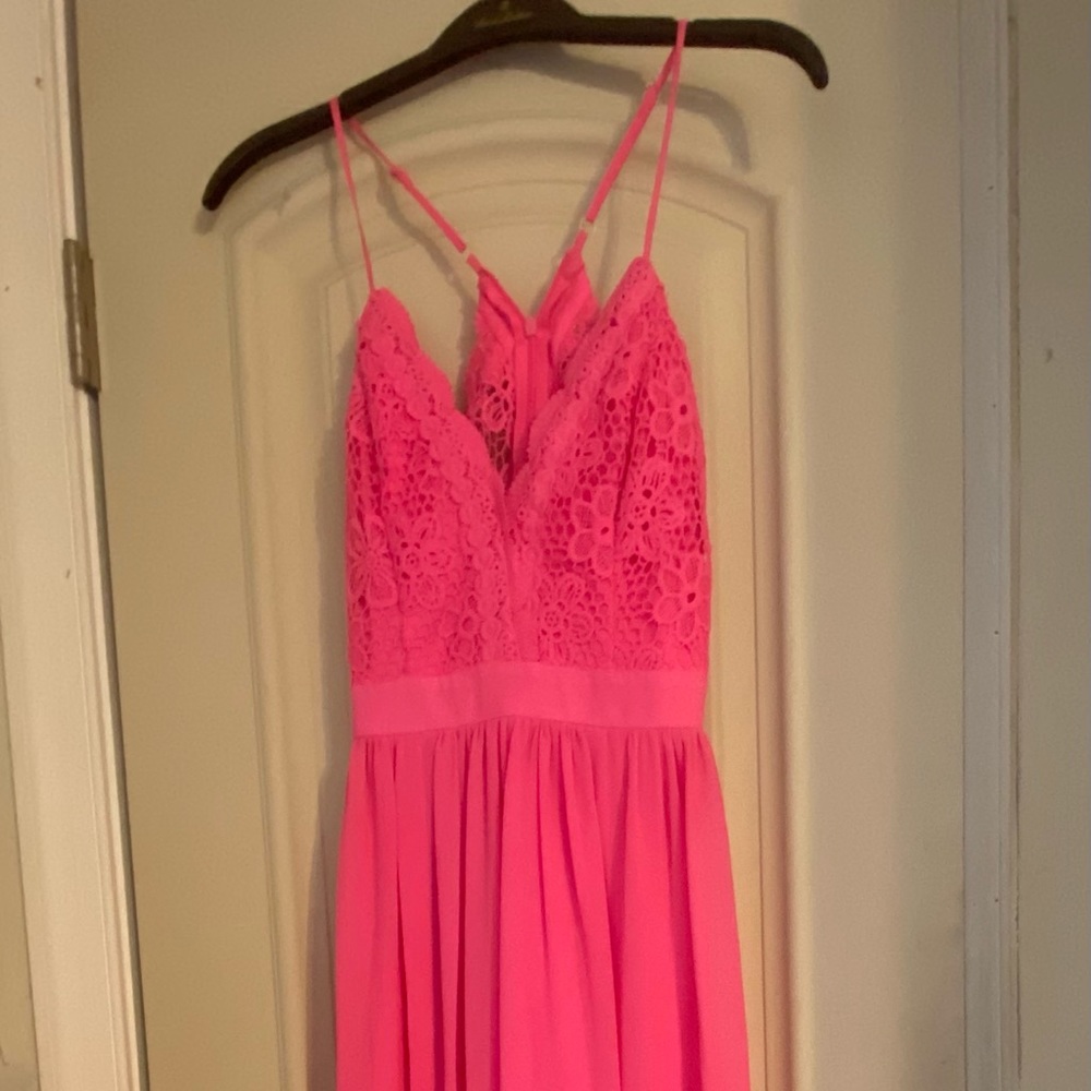 Bright pink maxi dress.